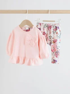 Motif floral rose/crème - Ensemble 2 pièces avec pulls et leggings à nœud bébé (0mois-2ans)