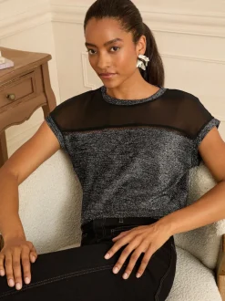 Métallisé noir - Haut Love & Roses en satin à manches courtes et col en V