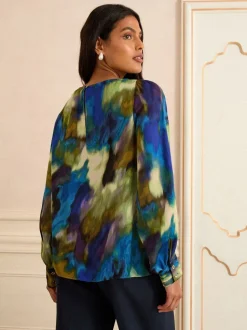 Multicolore - Love & Roses Chemisier en satin à Manches longues et Col bénitier