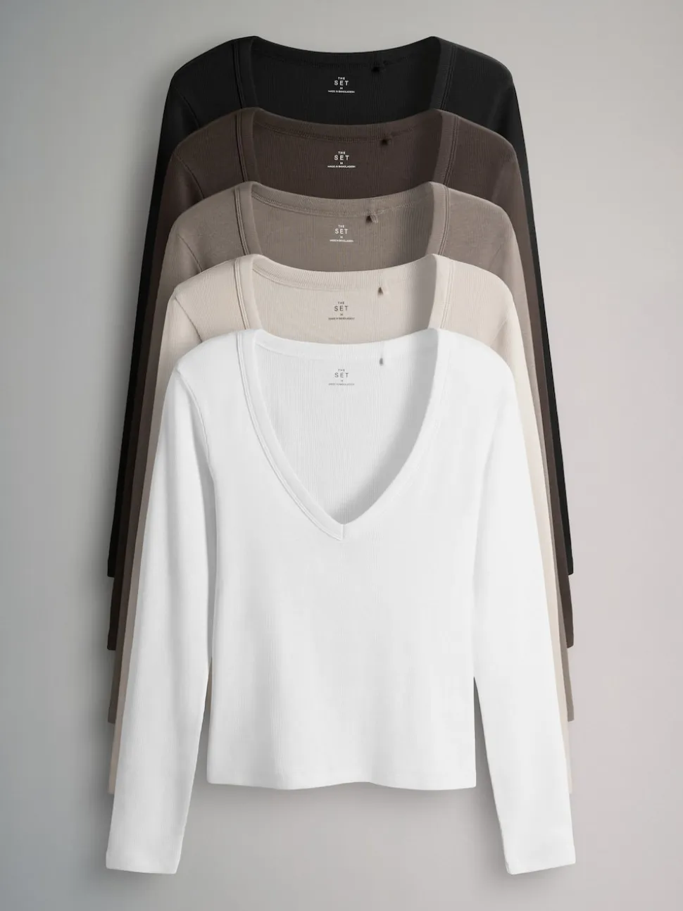 Multicolore - The Set lot de 5 t-shirts côtelés à col en V et manches longues