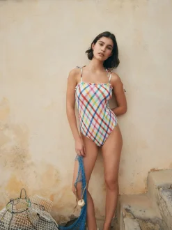 Multicolore/Blanc à Carreaux vifs - Maillot de bain bandeau froncé pour le contrôle du ventre