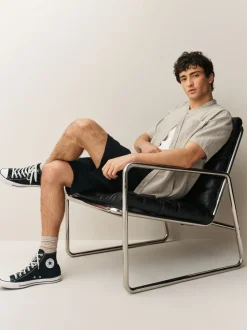 neutre - Col grand-père. - Chemise à manches courtes en lin et coton mélangés