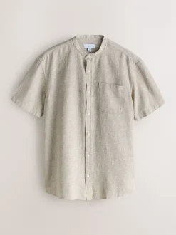 neutre - Col grand-père. - Chemise à manches courtes en lin et coton mélangés
