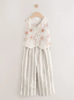neutre - Ensemble gilet brodé et pantalons jambe large (3-16ans)