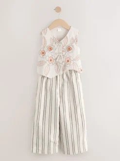 neutre - Ensemble gilet brodé et pantalons jambe large (3-16ans)