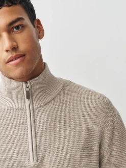 neutre - Uni - Pull N.Premium Coupe classique en Coton riche à Texture haut de gamme à col zippé