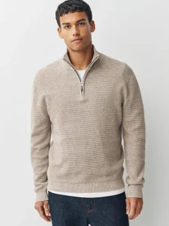 neutre - Uni - Pull N.Premium Coupe classique en Coton riche à Texture haut de gamme à col zippé