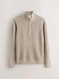 neutre - Uni - Pull N.Premium Coupe classique en Coton riche à Texture haut de gamme à col zippé