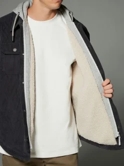 Noir - À capuche Velours côtelé Borg Veste-chemise doublée