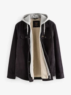 Noir - À capuche Velours côtelé Borg Veste-chemise doublée