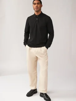 Noir - Ajustement régulier - Polo à manches longues en piqué