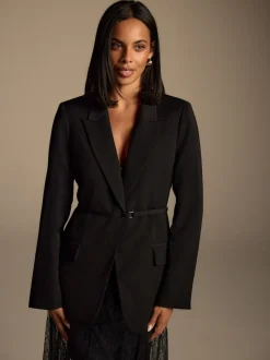 Noir - Blazer skinny à simple boutonnage et ceinture