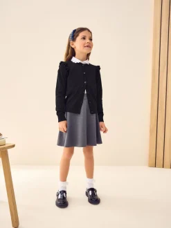 Noir - Cardigan d'école à épaules volantées en coton riche (3-16ans)