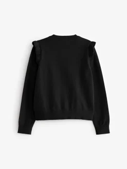 Noir - Cardigan d'école à épaules volantées en coton riche (3-16ans)