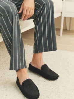 Noir - Chaussons mocassins en daim doublés de fausse fourrure