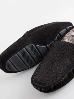 Noir - Chaussons mocassins en daim doublés de fausse fourrure