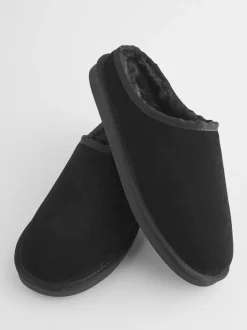 Noir - Chaussons mules en daim doublés de fausse fourrure Signature