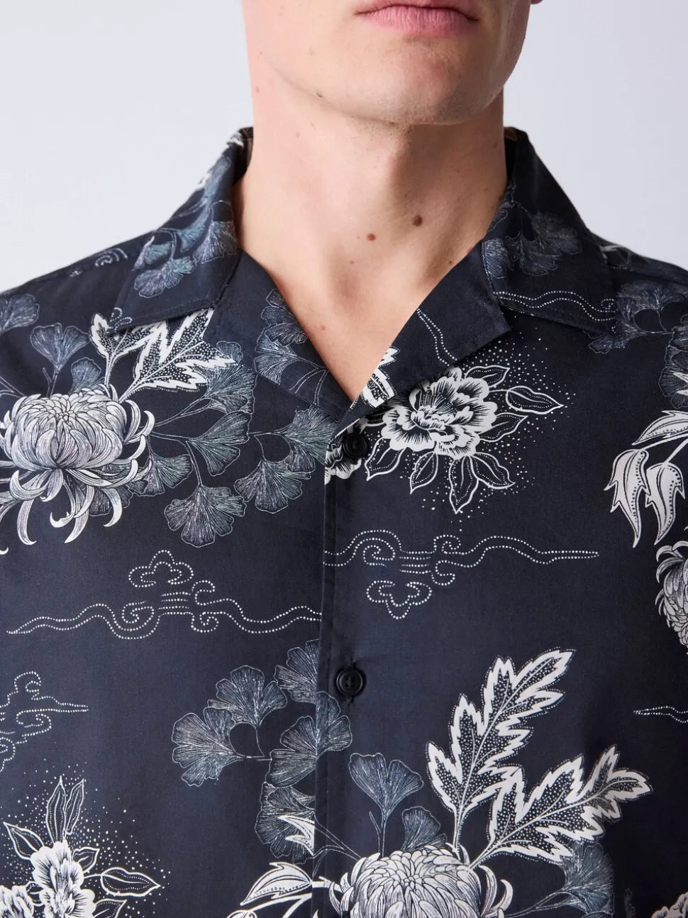 Noir - Chemise à manches courtes imprimée style japonais