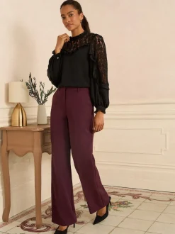 Noir - Chemisier Love & Roses Manches longues à Col rond avec empiècement en dentelle