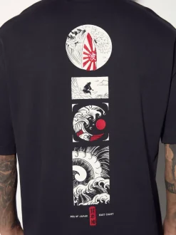 Noir - Coupe ample - T-shirt imprimé graphique surf japonais