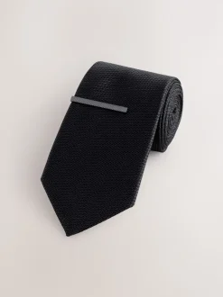 Noir - Cravate texturée avec pince à cravate
