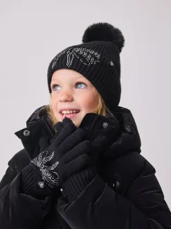 Noir - Ensemble bonnet et gants Baker by Ted Baker pour filles en maille à nœud et diamants