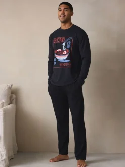 Noir - Ensemble pyjama graphique en jersey à manches longues