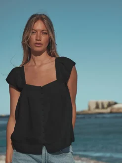 Noir - Haut boutonné à manches évasées avec lin