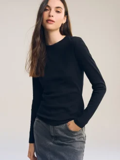 Noir - Haut côtelé à manches longues et col ras du cou