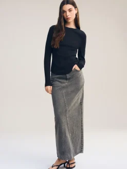 Noir - Haut côtelé à manches longues et col ras du cou