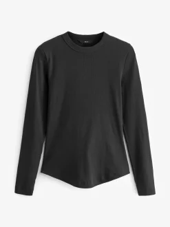 Noir - Haut côtelé à manches longues et col ras du cou