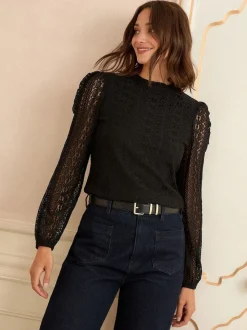 Noir - Haut Love & Roses en dentelle à manches longues