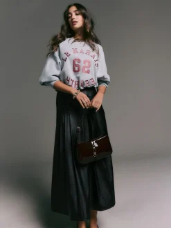 Noir - Jupe kilt mi-longue en similicuir