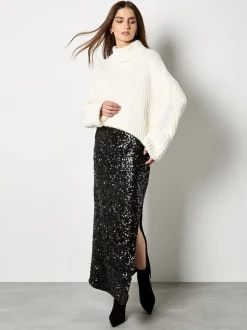 Noir - Jupe mi-longue à sequins Apricot