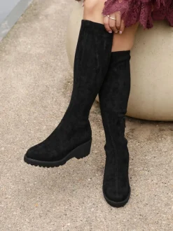 Noir - Linzi Bottes hautes Kortina marron en daim avec talon compensé