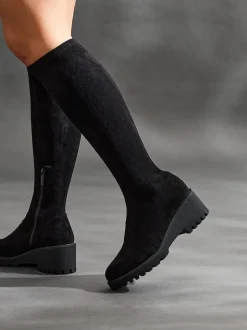 Noir - Linzi Bottes hautes Kortina marron en daim avec talon compensé