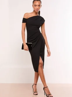 Noir - Lipsy Robe mi-longue à taille froncée et à épaules découvertes