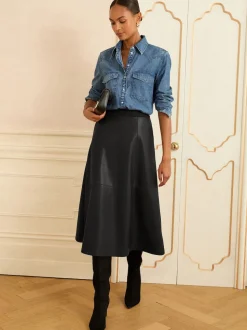 Noir - Love & Roses Jupes mi-long ajustées et flamboyantes en faux cuir