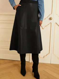 Noir - Love & Roses Jupes mi-long ajustées et flamboyantes en faux cuir