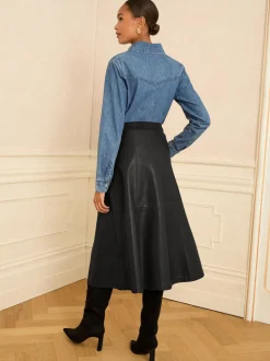 Noir - Love & Roses Jupes mi-long ajustées et flamboyantes en faux cuir