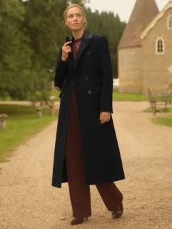 Noir - Love & Roses Manteau long à double boutonnage avec col en similicuir en PU