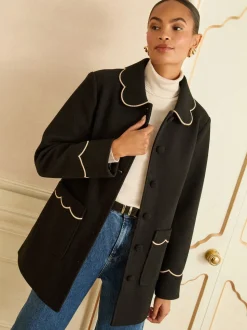 Noir - Love & Roses Manteau Dolly mi-long à bordures festonnées