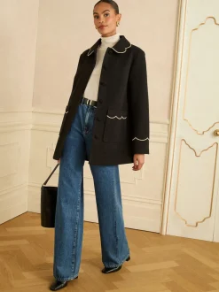 Noir - Love & Roses Manteau Dolly mi-long à bordures festonnées