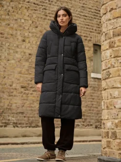 Noir - Manteau long matelassé à capuche résistant à la douche