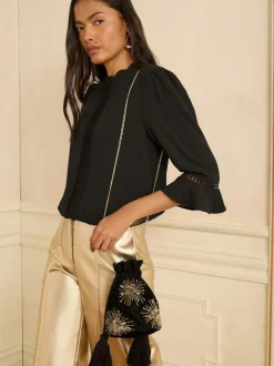 Noir - Pochette Love & Roses en velours avec ornements sequins