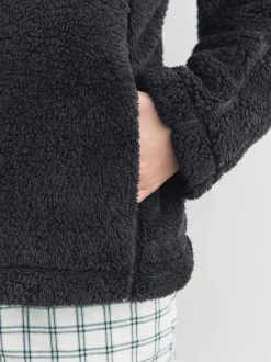Noir - Polaire en imitation peau de mouton à col zippé