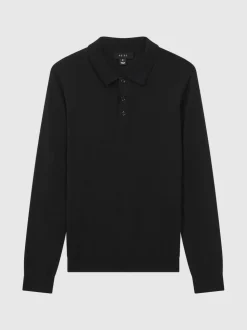 Noir - Polo Reiss Trafford en laine mérinos à manches longues