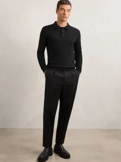 Noir - Polo Reiss Trafford en laine mérinos à manches longues