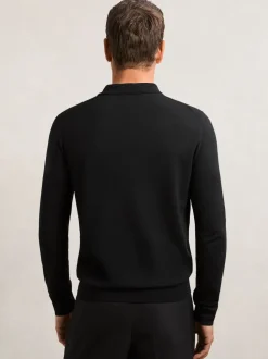 Noir - Polo Reiss Trafford en laine mérinos à manches longues