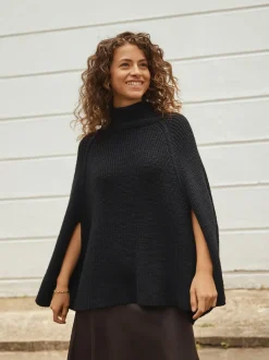 Noir - Poncho en maille côtelée à col roulé